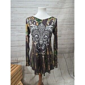 Vocal Women's Size Small Embellished Fleur-De-Lis Rhinestone Long‎ Sleeve Tunic